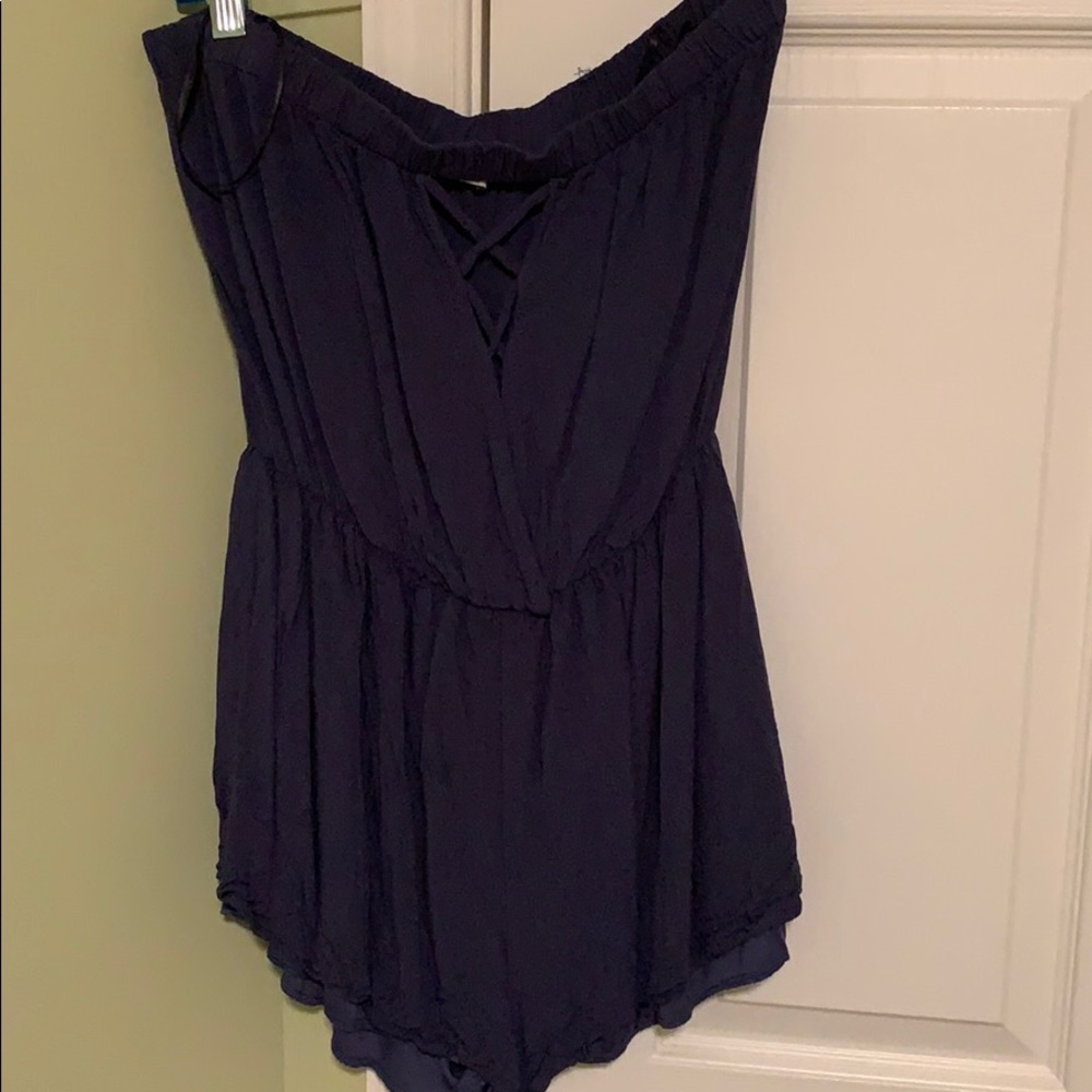 Blue Strapless Romper with lace in front